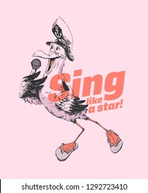 Hand drawn seagull singing in a microphone and wearing captain hat and slippers. Detailed minimal vector illustration isolated on light background. Ideal for restaurants and book illustrations.