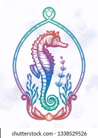 Hand drawn seahorse with sea plants. Vintage vector illustration.