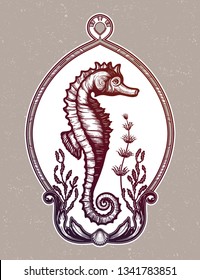 Hand drawn seahorse with sea plants. Vintage vector illustration.