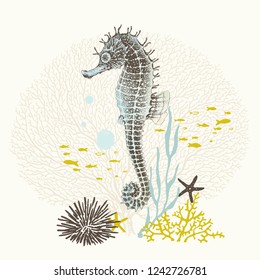 Hand drawn Seahorse with watercolor texture on background coral sea fan, with sea urchin, starfishes, fishes and plant. Vector illustration in vintage style.