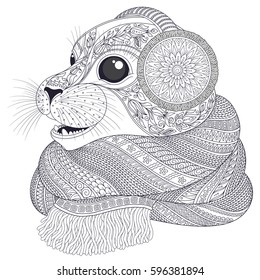 Hand drawn seal l in a scarf  with high details for anti stress coloring page, illustration in tracery style. Sketch for tattoo, poster, print, t-shirt in zendoodle style. Vector.