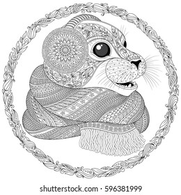 Hand drawn seal l in a scarf  with high details for anti stress coloring page, illustration in tracery style. Sketch for tattoo, poster, print, t-shirt in zendoodle style. Vector.