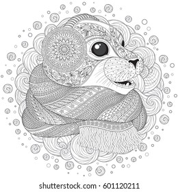 Hand drawn seal l in a scarf  with high details for anti stress coloring page, illustration in tracery style. Sketch for tattoo, poster, print, t-shirt in zendoodle style. Vector.