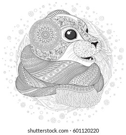 Hand drawn seal l in a scarf  with high details for anti stress coloring page, illustration in tracery style. Sketch for tattoo, poster, print, t-shirt in zendoodle style. Vector.