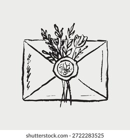 Handgezeichneter versiegelter Umschlag mit Wachsstempel und Blumenstrauß, der an Vintage-Charme und -Atmosphäre erinnert. Vektorskizze Illustration in Vintage-Buntstil Holzkohle