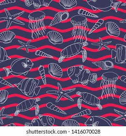 Hand drawn sealife with red waves on a dark blue background. Seamless pattern background. Perfect for scrap booking , textile  and home decor projects. Surface pattern design. 