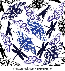 Hand drawn seamles pattern  illustration of buterflies and dragonflies 