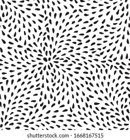 Hand drawn seamless abstract drop pattern in star blossom shape with hand painted irregular black drop on white background. Graphic, modern design. Fireworks, new year, celebration.