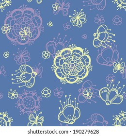 Hand drawn seamless abstract floral pattern with butterflies. Doodle art.