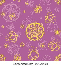 Hand drawn seamless abstract floral pattern with butterflies. Doodle art.