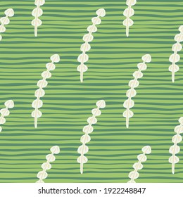 Hand drawn seamless abstract pattern with white seaweed silhouettes ornament. Green striped background. Perfect for fabric design, textile print, wrapping, cover. Vector illustration.