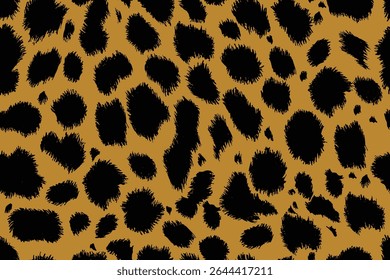 Padrão abstrato sem costura desenhado à mão com manchas arredondadas preto piloso irregular no fundo amarelo, impressão animal simples como leopardo ou chita, para têxtil, tapete, decoração