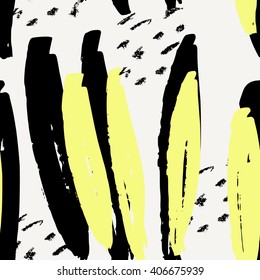 Hand drawn seamless abstract pattern in black, cream and neon yellow. Modern textile, greeting card, poster, wrapping paper designs.