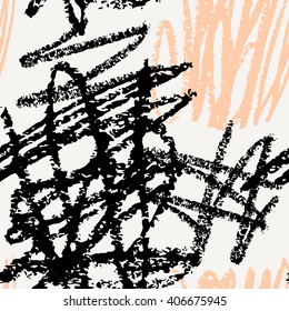 Hand drawn seamless abstract pattern in black, cream and peach pink. Modern textile, greeting card, poster, wrapping paper designs.