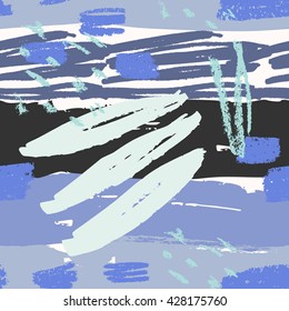 Hand drawn seamless abstract pattern in purple, black, blue and white. Modern textile, greeting card, poster, wrapping paper designs.