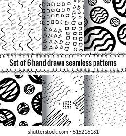 Hand Drawn Seamless Abstract Pattern With Ink Doodles. Black And White Vector Background Set. Organic Geometric Design