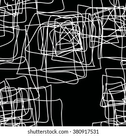 Hand drawn seamless abstract template. Vector drawing of a hand, a child's drawing, marker, pencil, ink, line, graphic design, lines. The white line on a black background. Black and white pattern