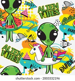 Hand drawn seamless alien pattern. Cool summer alien background for textile, fashion, sport, graphic tees