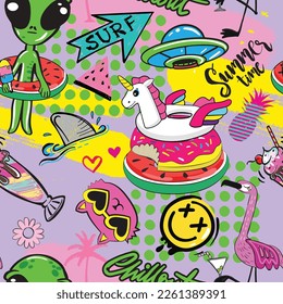 Hand drawn seamless alien pattern. Cool summer alien background for textile, fashion, sport, graphic tees