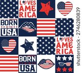 Hand drawn seamless american pattern  with lips for sport textile, clothes, wrapping paper. Independence repeated Background
