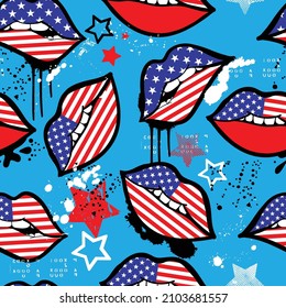 Hand drawn seamless american pattern  with lips for sport textile, clothes, wrapping paper. Independence repeated Background
