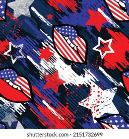 Hand drawn seamless american pattern  with lips for sport textile, clothes, wrapping paper. Independence repeated Background
