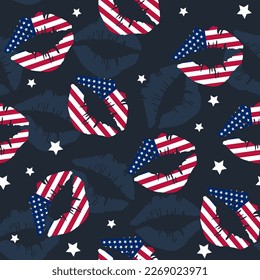 Hand drawn seamless american pattern with lips for sport textile, clothes, wrapping paper. Independence repeated Background