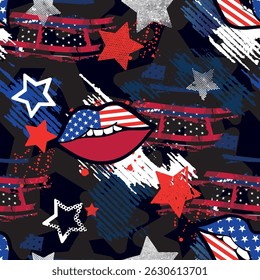 Hand drawn seamless american pattern  with lips for sport textile, clothes, wrapping paper. Independence repeated Background
