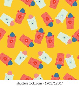 Hand drawn seamless animal pattern with light blue and pink bear ornament. Yellow bright background. Vector illustration for seasonal textile prints, fabric, banners, backdrops and wallpapers.