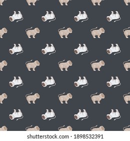 Hand drawn seamless animal safari pattern with doodle lions silhouettes. Dark grey background. Graphic design for wrapping paper and fabric textures. Vector Illustration.