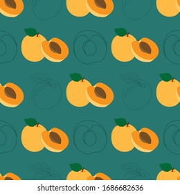 hand drawn seamless apricot fruit and sliced pattern on turquoise background. repeating fruit pattern with fruit and leaves.