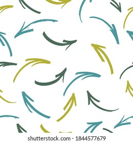 Hand Drawn Seamless Arrow Pattern Background. multicolored smoothly curved arrows and rings are randomly located.