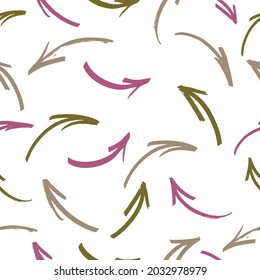 Hand Drawn Seamless Arrow Pattern Background. multicolored smoothly curved arrows and rings are randomly located.