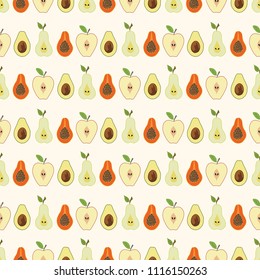 hand drawn seamless avocado Apple pear papaya pattern on light background