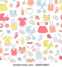Hand Drawn Seamless Baby Pattern with Toys, Clothes, Stroller and etc.