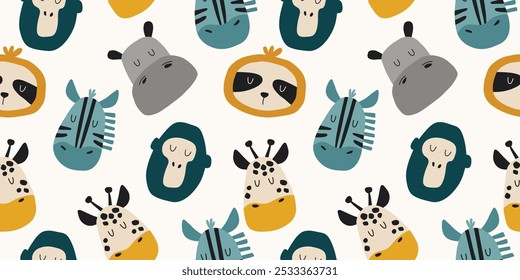 Fondo sin fisuras dibujado a mano con animales africanos. Patrón colorido de los niños para el diseño textil, de la tela y de la papelería. Caras de animales salvajes, cebra, jirafa, perezoso, gorila, hipopótamo.