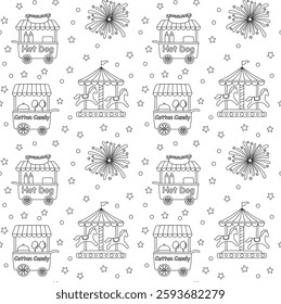 Hand drawn seamless background with amusement park. Black and white fun fair background in doodle style