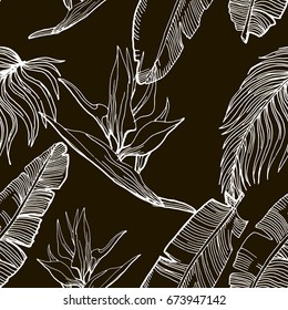 Hand Drawn Seamless Background With Banana Leaves And Tropical Flowers. Jungle Pattern  For Textile Or Book Covers, Manufacturing, Wallpapers, Print, Gift Wrap And Scrapbooking. Contour Drawing.