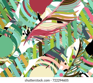 Hand Drawn Seamless Background With Banana Leaves And Tropical Flowers. Jungle Pattern  For Textile Or Book Covers, Manufacturing, Wallpapers, Print, Gift Wrap And Scrapbooking