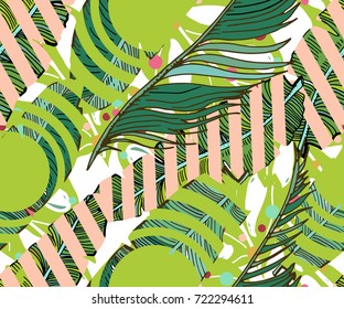 Hand Drawn Seamless Background With Banana Leaves And Tropical Flowers. Jungle Pattern  For Textile Or Book Covers, Manufacturing, Wallpapers, Print, Gift Wrap And Scrapbooking