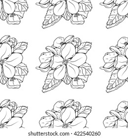 Hand drawn seamless background of blooming apple tree branches. Apple flowers seamless pattern. Apple tree branches seamless texture. 