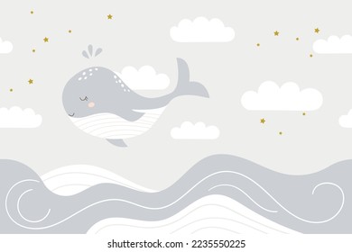 Fondo de nubes y olas dibujado a mano. Dibujo durmiente sobre una ballena linda. Los niños están decorados en tonos pastel. Arte mural de la guardería.