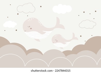 Fondo de nubes y olas dibujado a mano. Dibujo durmiente sobre una linda madre ballena y un bebé. Los niños están decorados en tonos pastel. Arte mural de la guardería. Paleta rosa.