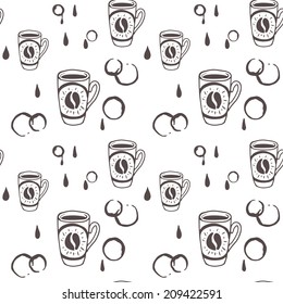 Hand drawn seamless background with coffee mugs