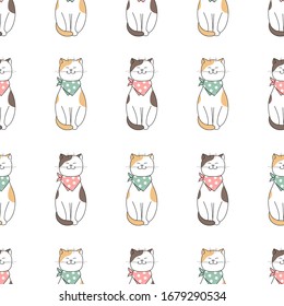 Hand drawn seamless background cute cat on white. Doodle cartoon design.