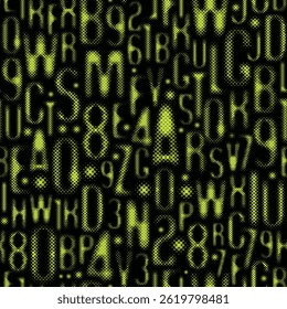 Hand drawn seamless background with font consisting of dots. Simple font with the theme of computer games, digital technology, pixels. Set of letters and numbers of the Latin alphabet. No AI used