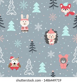 Hand drawn seamless background with Fox, hedgehog, moose,owl and rabbit in the forest.