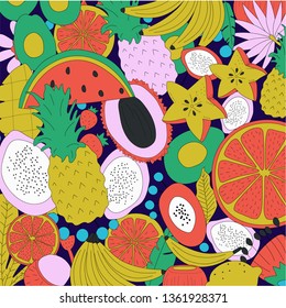 Hand drawn seamless background with fresh fruits and flowers. Tropical paradise concept. Vector illustration