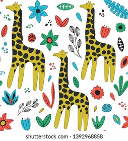 Hand drawn seamless background with giraffes and flowers.Pattern with cute design. Scandinavian style design. Vector illustration