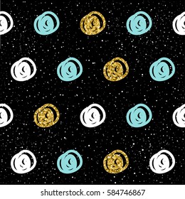Hand drawn seamless background. Gold, blue, white round. Abstract round pattern for christmas card, new year invitation, wedding album, book, scrapbook, textile fabric, garment, t-shirt. Gold texture